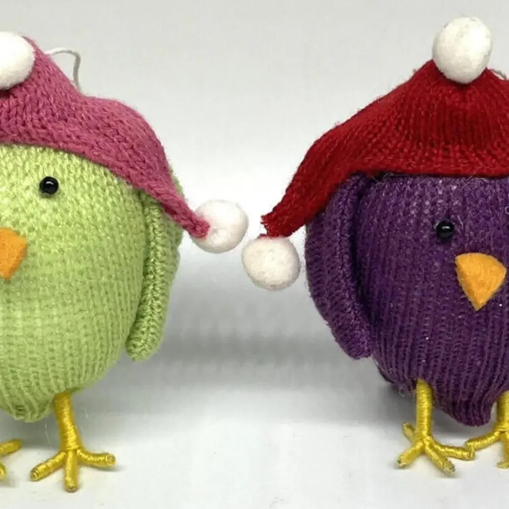 Birds Wearing‎ Hats Christmas Ornaments Knit Colorful Green Purple Set of 2